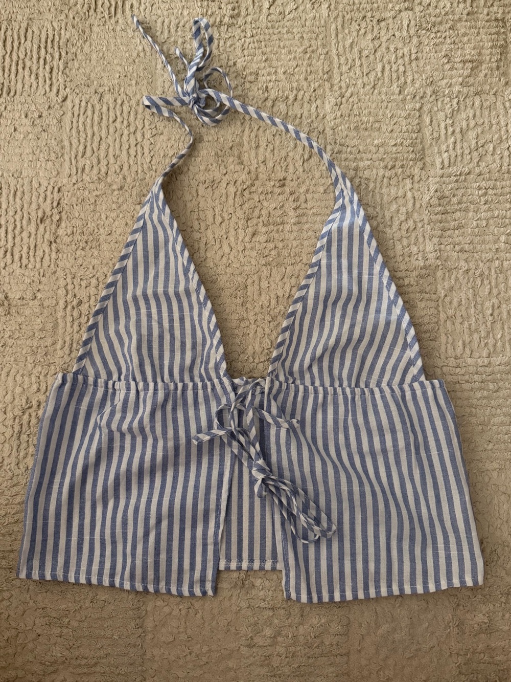 Striped Blue & White Halter Tie-Front Crop Top